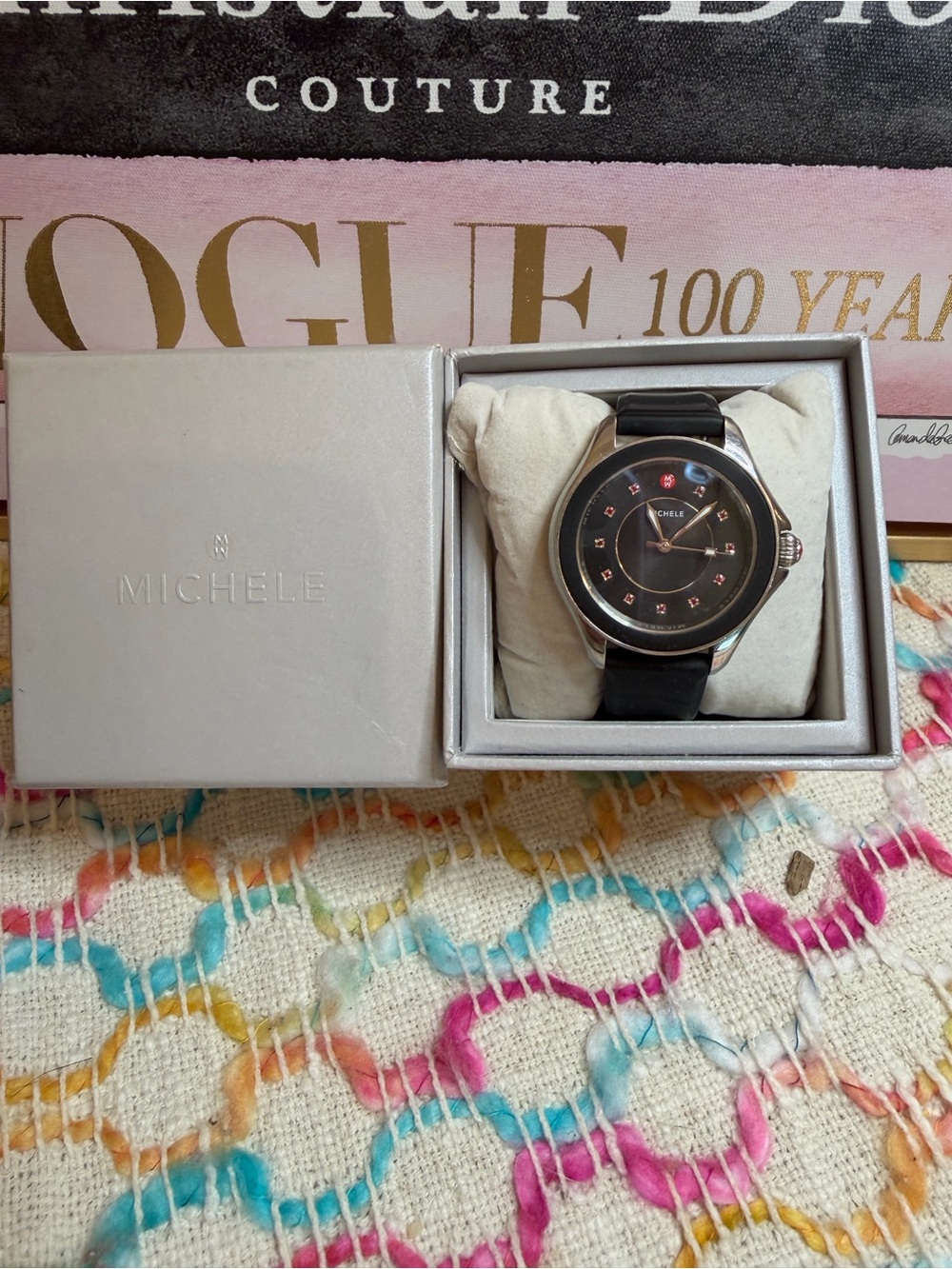 Michele Black Dial Watch with Black Silicone Strap